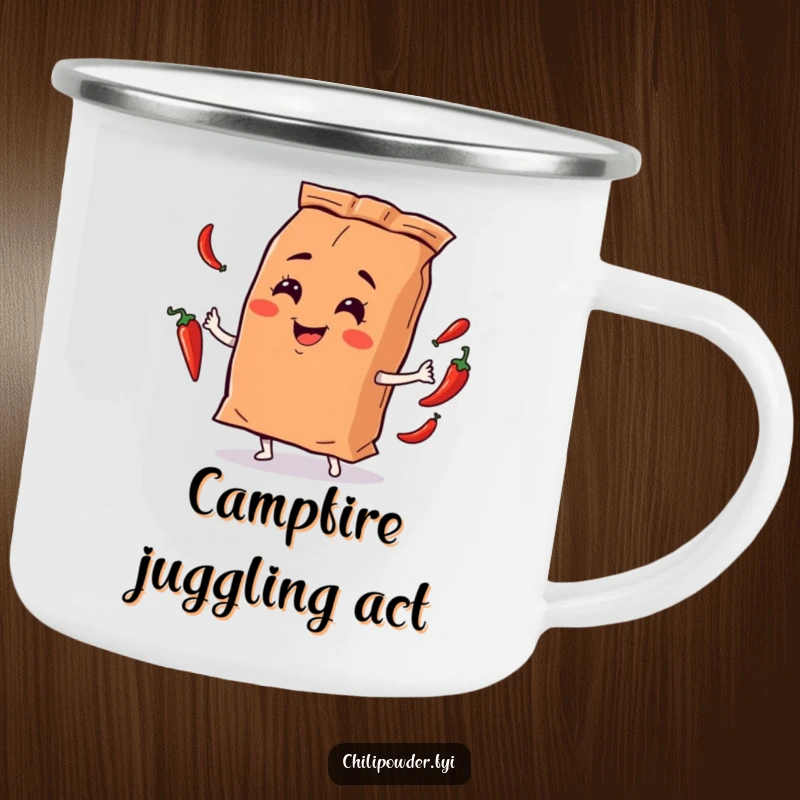 Funny chili powder bag character juggling mini chili peppers with a playful smirk, on a durable camping mug for outdoor humor.