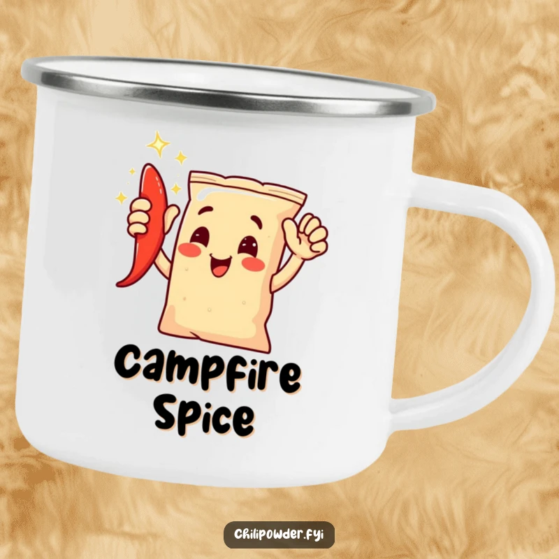 Funny chili powder bag character giving a high-five with a joyful shimmer, on a rugged camping mug.