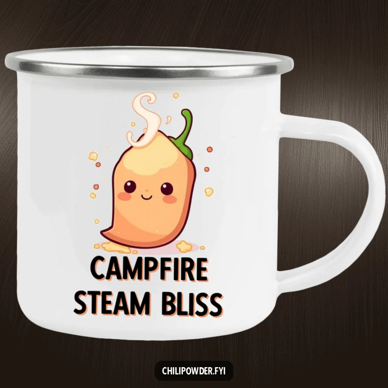 Funny kawaii chili powder with playful steam swirls around its head, perfect for hot beverages during spirited outdoor trips.