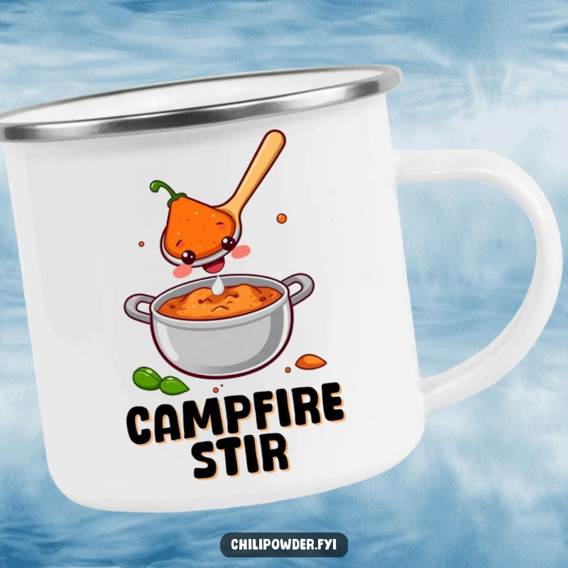 A smiling chili powder spoon stirring a pot of joy, on a durable camping mug for outdoor fun and cheerful vibes.