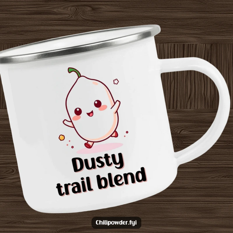 Funny kawaii chili powder doing a playful hop with a puff of dust, perfect for hot beverages during active outdoor trips.
