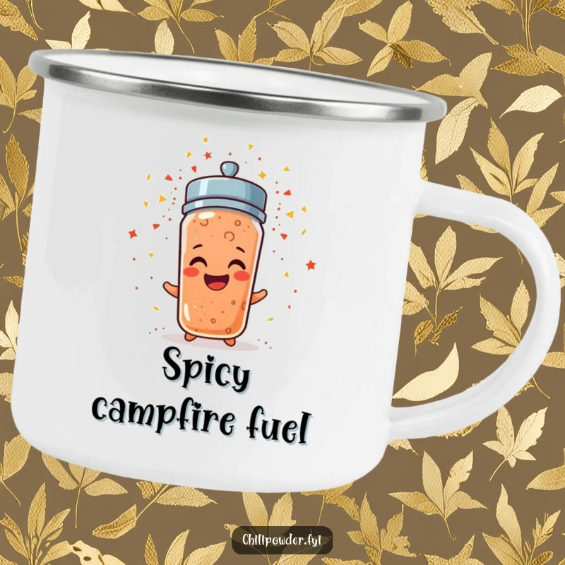 Funny chili powder shaker erupting in confetti, a durable camping mug for outdoor celebrations.