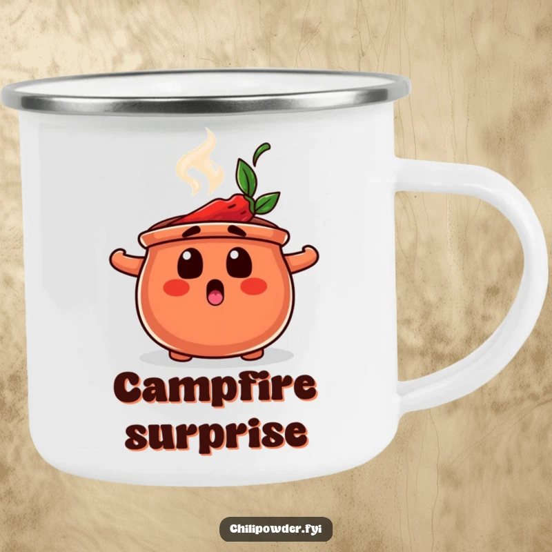 Funny camping mug showing a chili powder pot character with a surprised face and steam, making outdoor drinks more amusing.