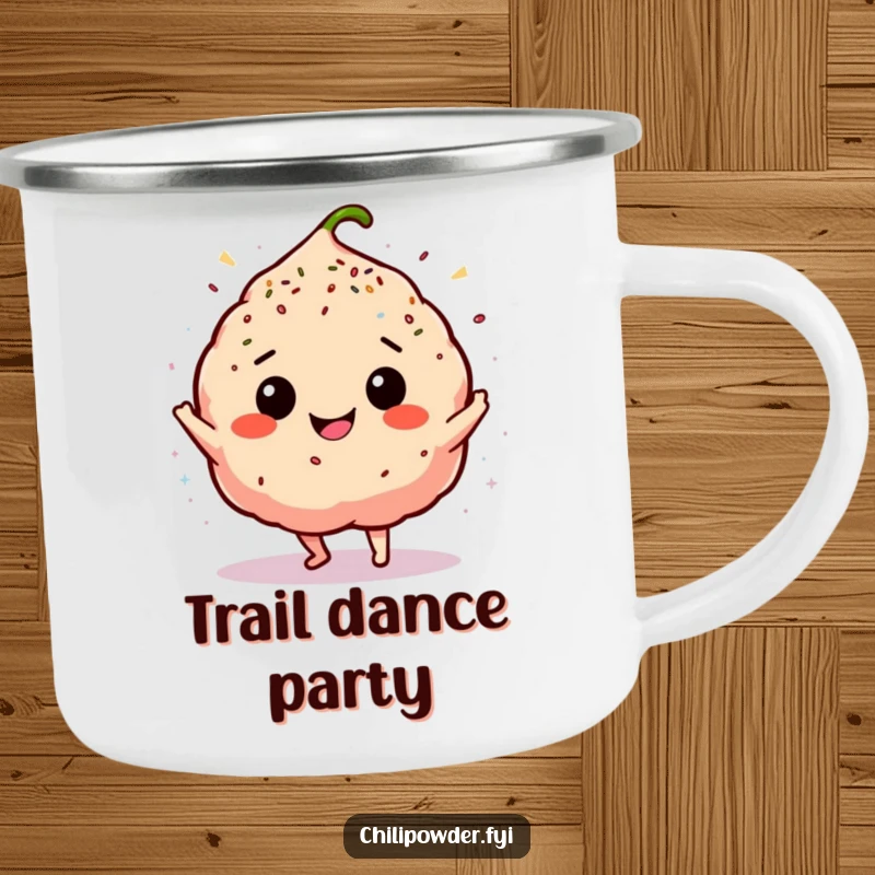 Funny chili powder puff doing a silly happy dance with sprinkles on a rugged camping mug.