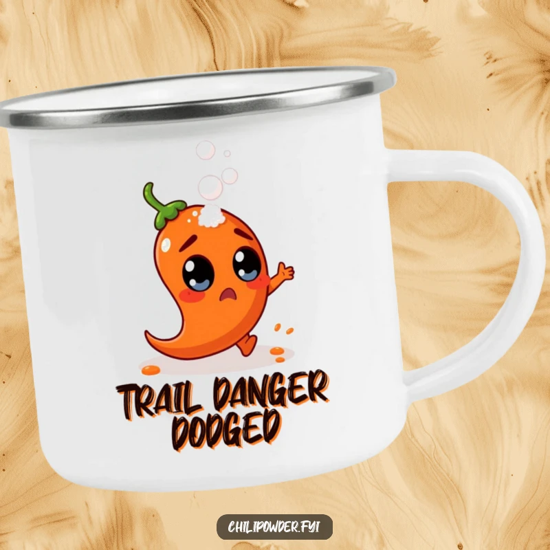 Funny chili powder character with wide, surprised eyes dodges a falling salt shaker on a durable camping mug, perfect for outdoor humor.