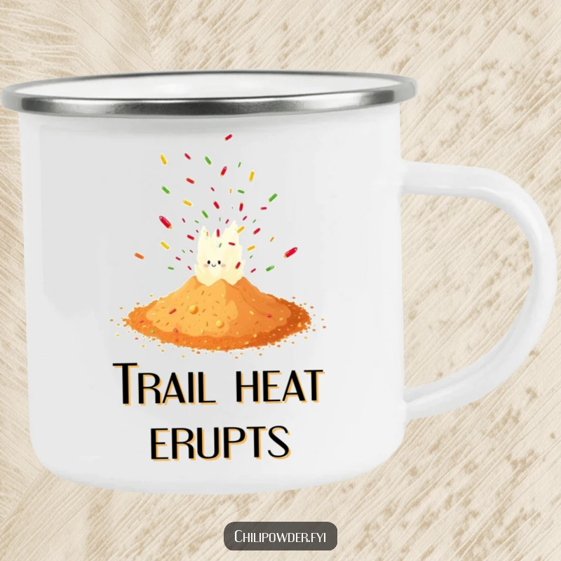 Funny chili powder erupting in a confetti burst on a durable camping mug, ideal for outdoor adventures and humor lovers.
