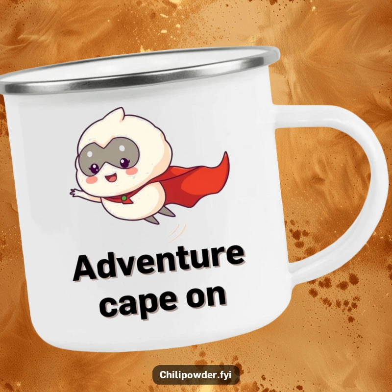 Funny chili powder puff hero, cape flowing, flying through the air on a rugged camping mug.