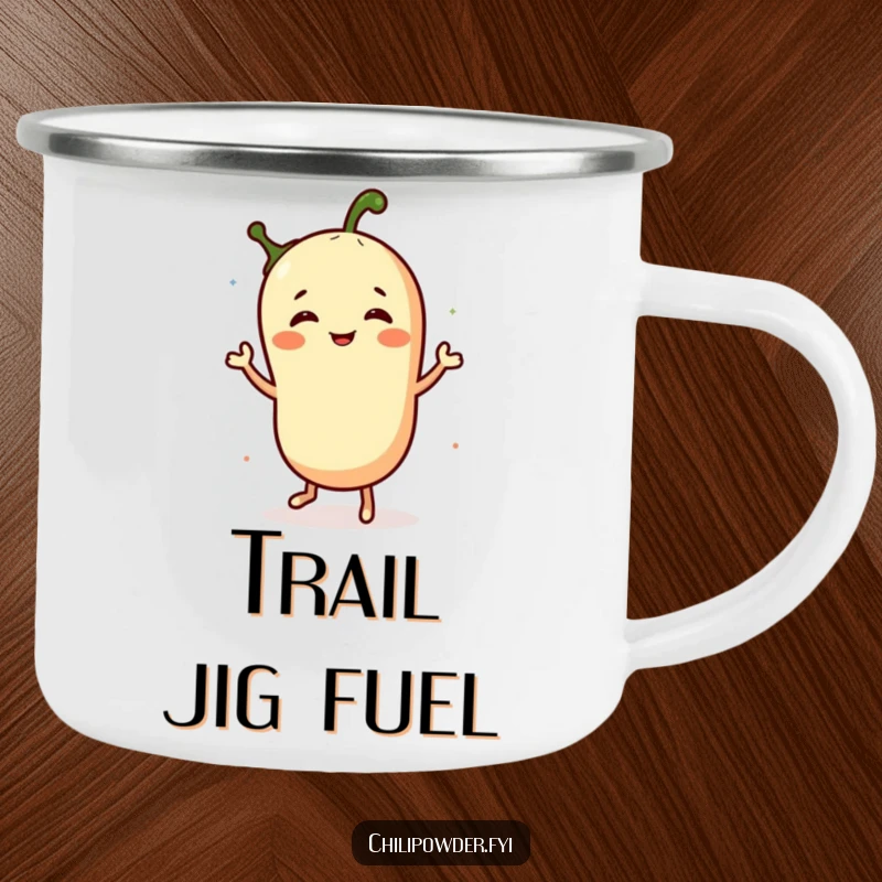 Funny camping mug showing a chili powder character doing a jig, making outdoor coffee breaks more spirited and comical.