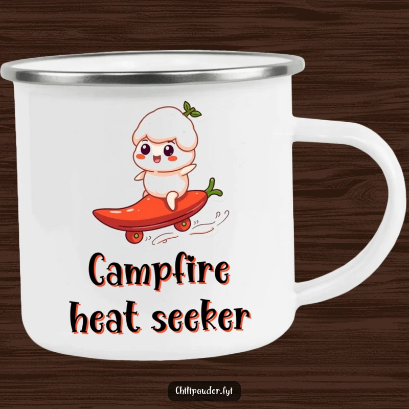 Funny chili powder puff surfing a pepper on a rugged camping mug, built for outdoor laughs and hot drinks.