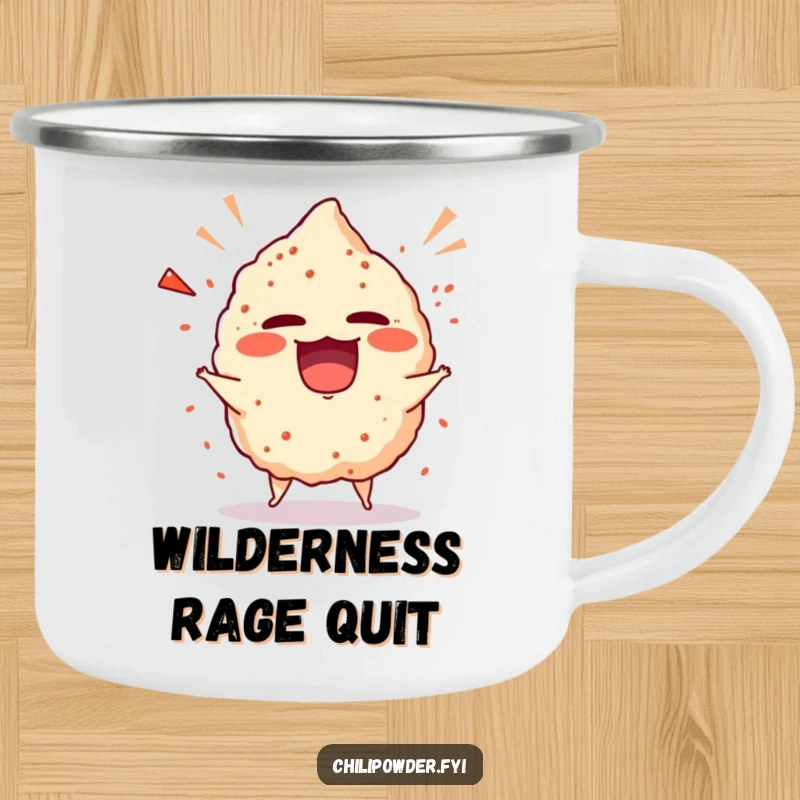 Funny chili powder puff in a giggling tantrum on a rugged camping mug, ready for outdoor fun.