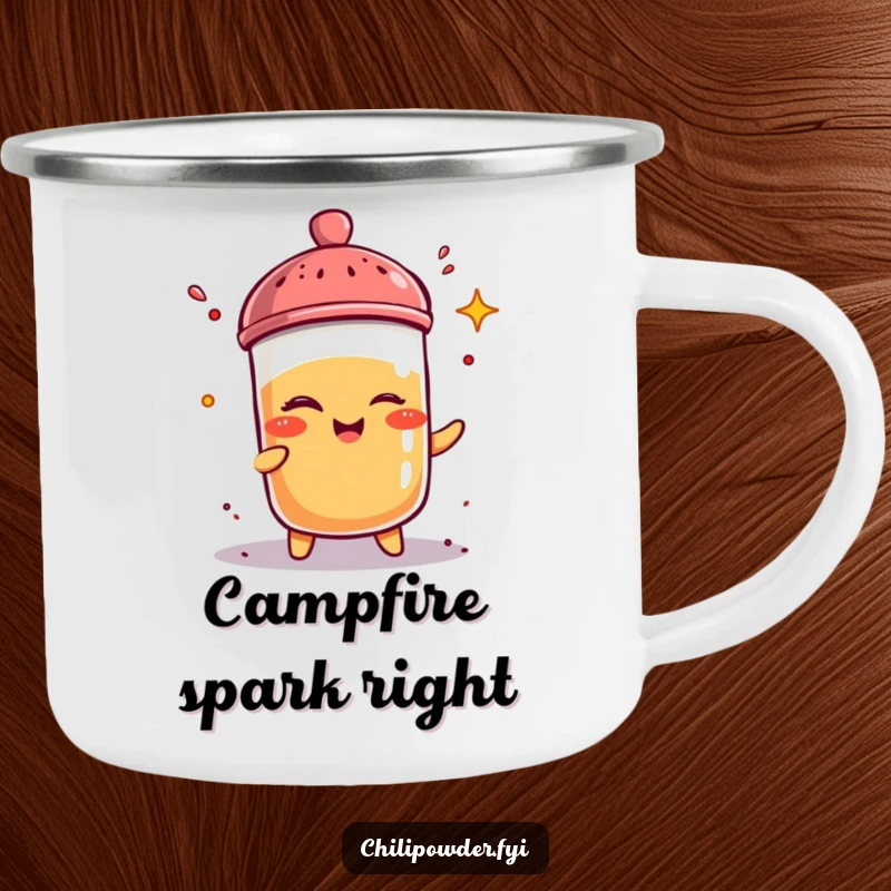 Funny chili powder shaker winks while sprinkling spice on a durable camping mug, perfect for outdoor humor.