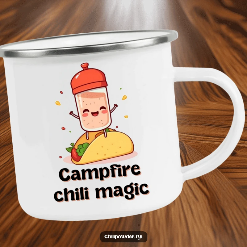 Funny chili powder shaker with tiny legs, joyfully sprinkling spice on a taco, perfect for campsite coffee.