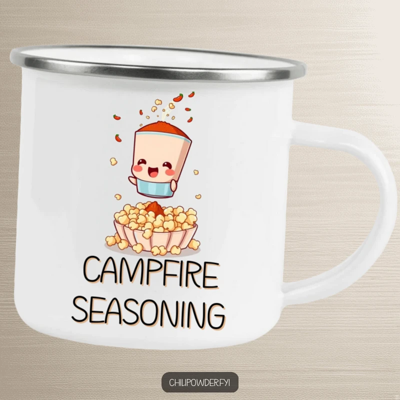 Funny camping mug showing a chili powder sifter adding spice to popcorn, perfect for enjoying snacks outdoors with a smile.