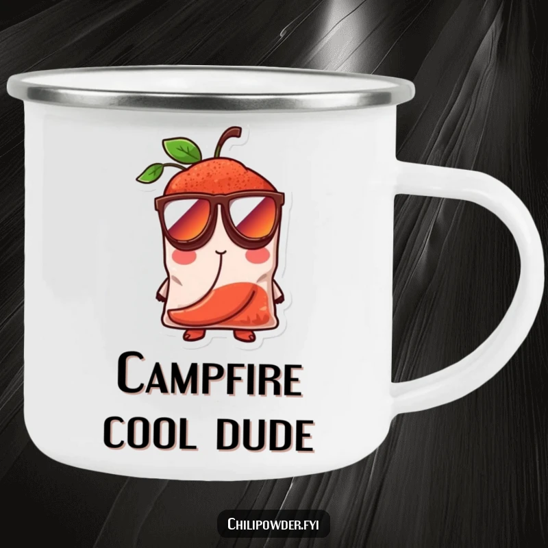Funny chili powder bag character with oversized sunglasses, looking cool and confident, on a durable camping mug for outdoor enjoyment.