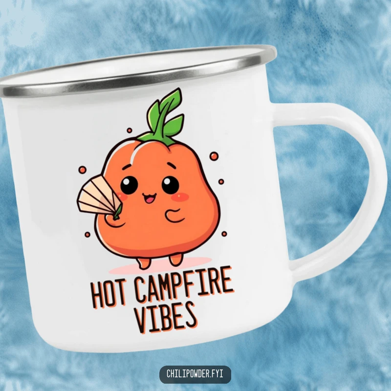 Funny Kawaii chili powder character fanning itself dramatically with a leaf on a camping mug, for dramatic outdoor relief.