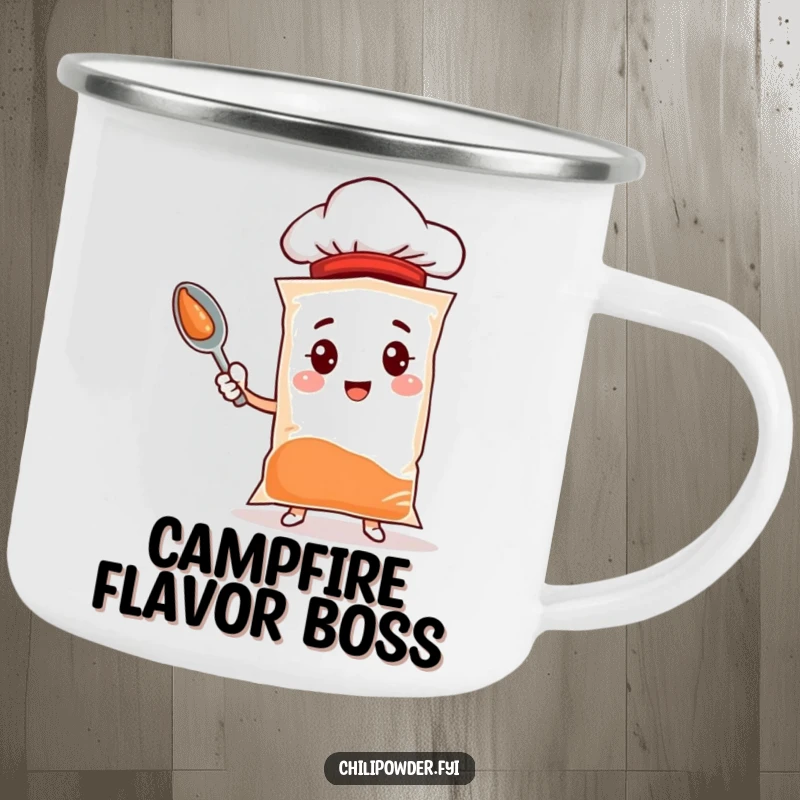 Funny chili powder camping mug featuring a spice bag character with a tiny chef hat, perfect for outdoor cooking and humor.