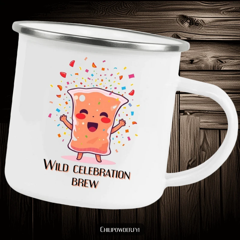 Funny chili powder camping mug featuring a spice bag character bursting with confetti, perfect for festive outdoor drinks.
