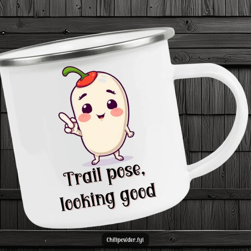 Funny Kawaii Chili Pose Camping Mug: A cute chili character striking a playful pose, perfect for spicy drinks outdoors.