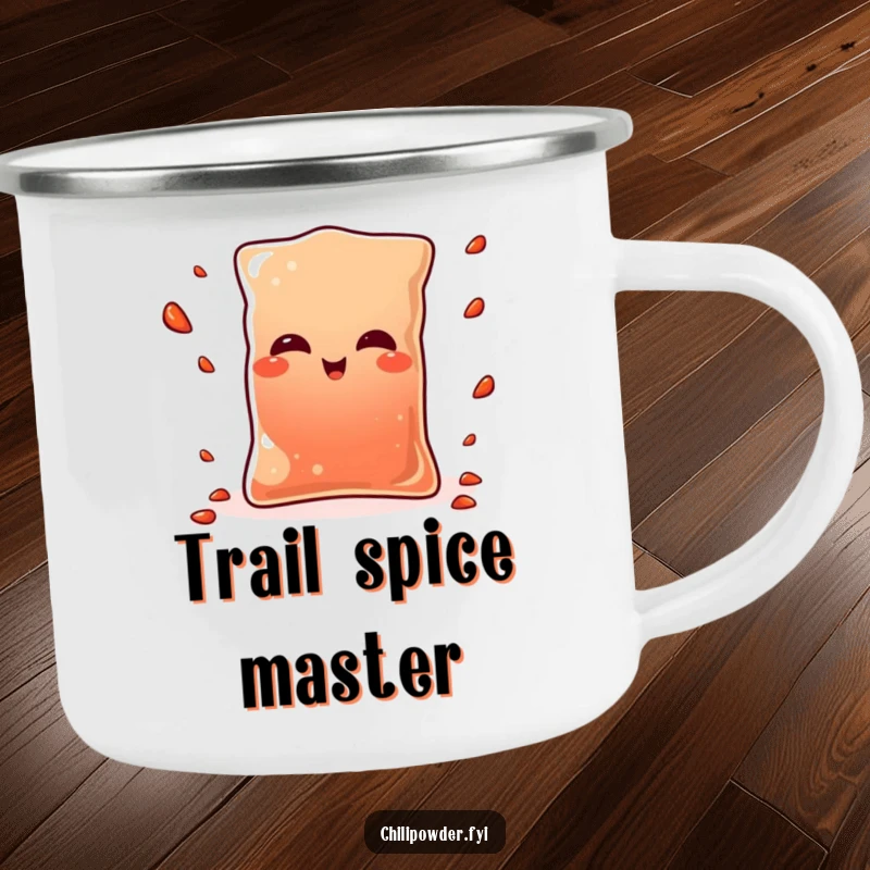Funny Kawaii chili powder pouch winking merrily while juggling tiny pepper flakes, a durable and humorous camping mug.