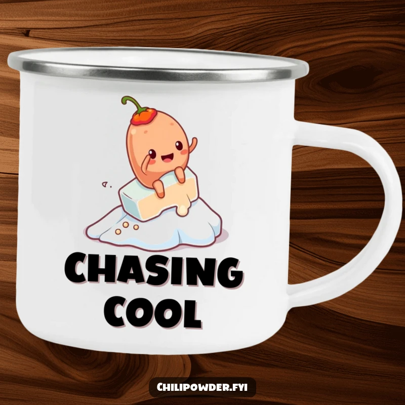 Funny Kawaii chili powder character riding a melting ice cube, a durable and humorous camping mug.