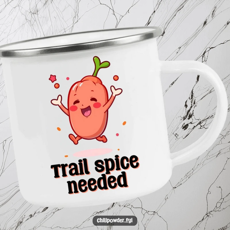 Funny Kawaii chili powder character leaping with a spice puff on a durable camping mug for fiery outdoor trips.