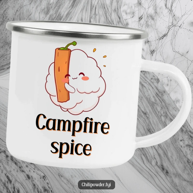 Funny Kawaii chili powder cloud tickling a cinnamon stick, a durable and humorous camping mug.
