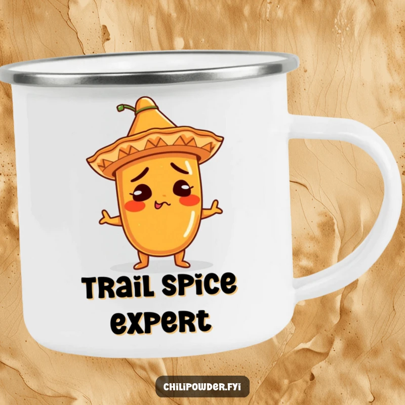 Funny Camping Mug: Kawaii chili powder character in a tiny sombrero, comically shrugging, ideal for hot beverages during outdoor adventures, a funny gift.