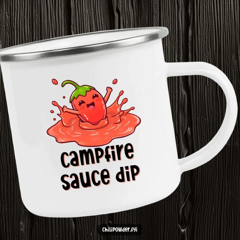 Funny Camping Mug: Kawaii chili powder character joyfully splashing in red sauce, perfect for outdoor adventures, adding humor and cheer to your beverage.