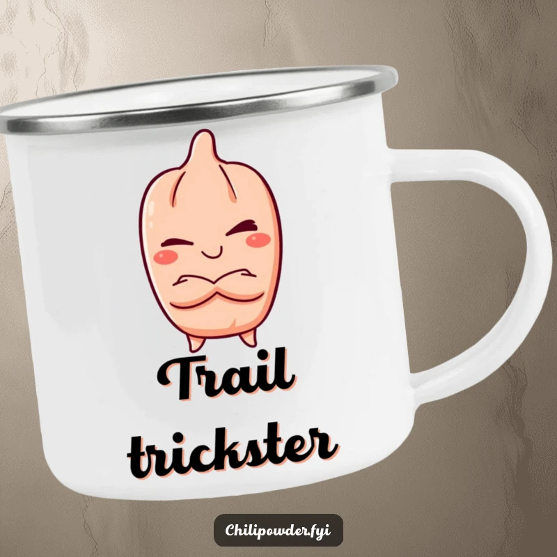 Funny Camping Mug: Kawaii chili powder character winking mischievously, arms crossed, perfect for outdoor drinks, adding a humorous and bold touch.
