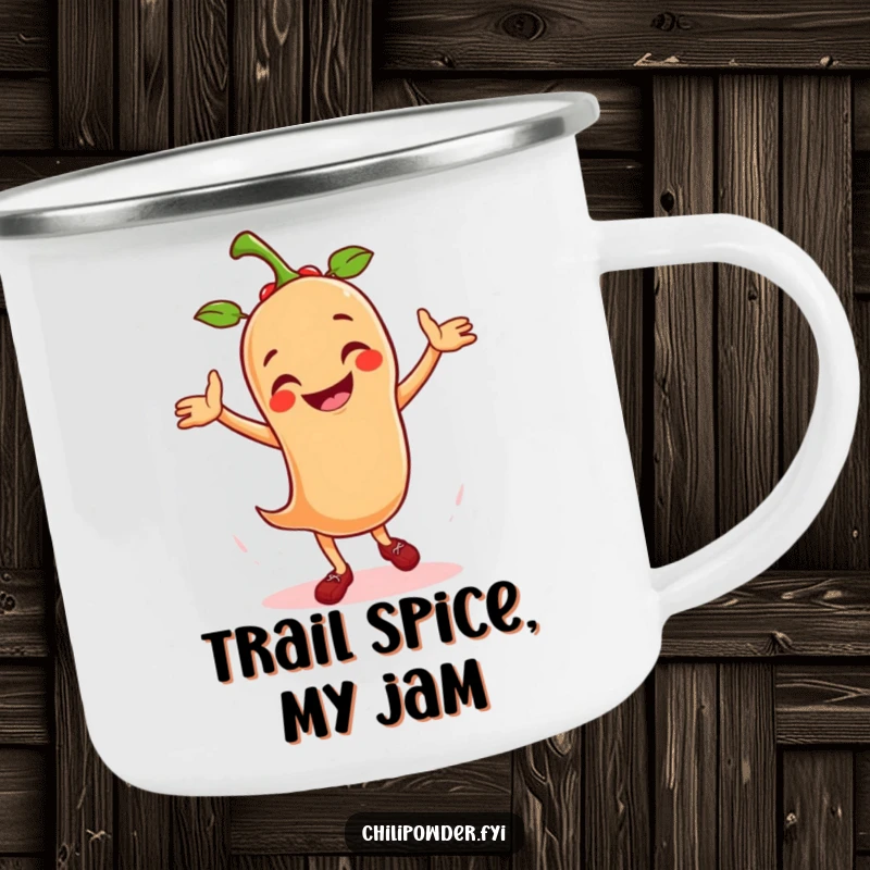 Funny camping mug showing a smiling chili powder mascot doing a vigorous salsa dance, perfect for outdoor spice.