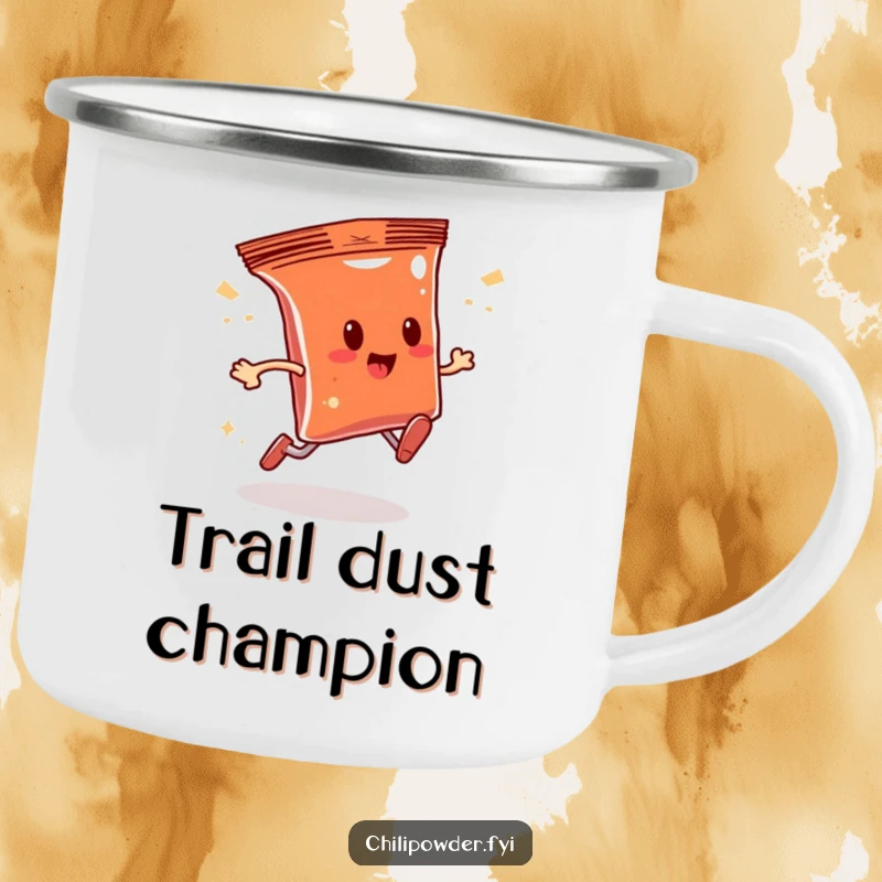 Funny chili powder bag character running with a sparkly trail on a durable camping mug, perfect for outdoor humor and drinks.