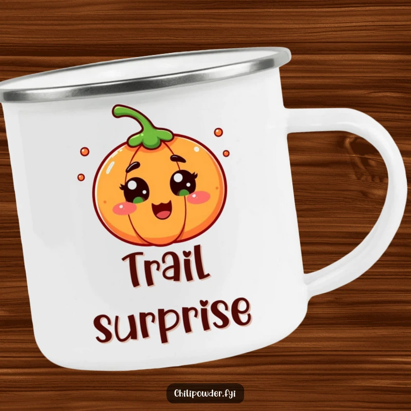 A chili powder character with wide eyes in playful surprise, on a durable camping mug for outdoor fun and humorous reactions.