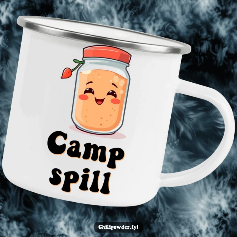 Funny chili powder jar with a happy grin, tipping over playfully, on a durable camping mug for outdoor fun and humor.