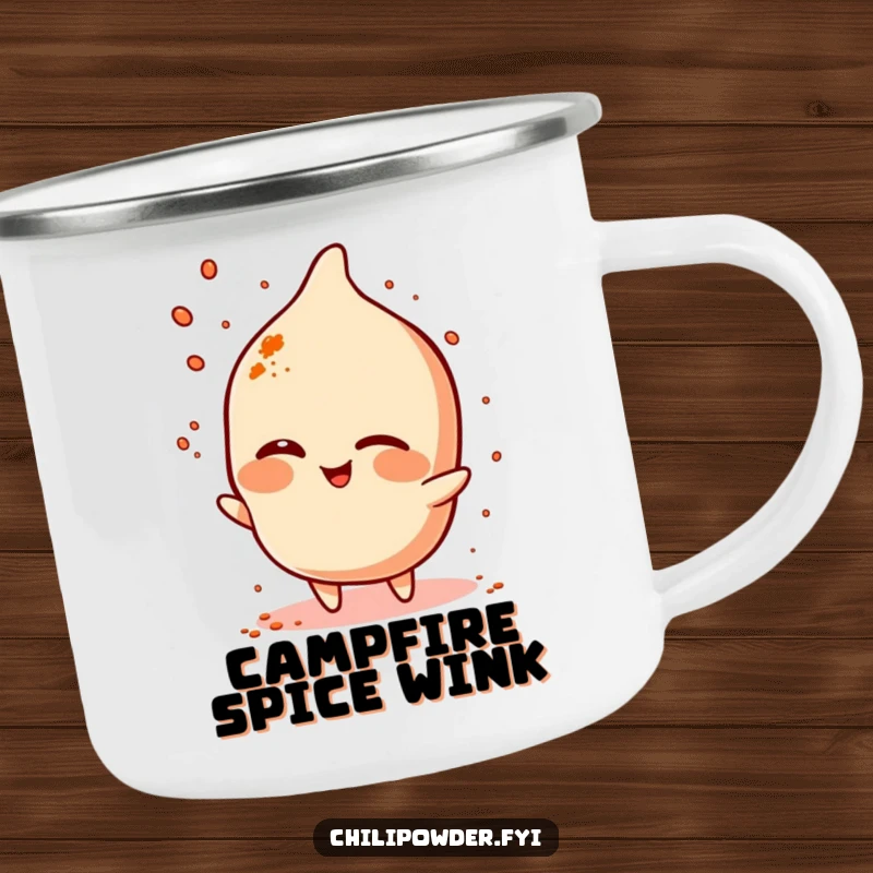 Funny chili powder character winking and sprinkling spice on a rugged camping mug, for outdoor fun.