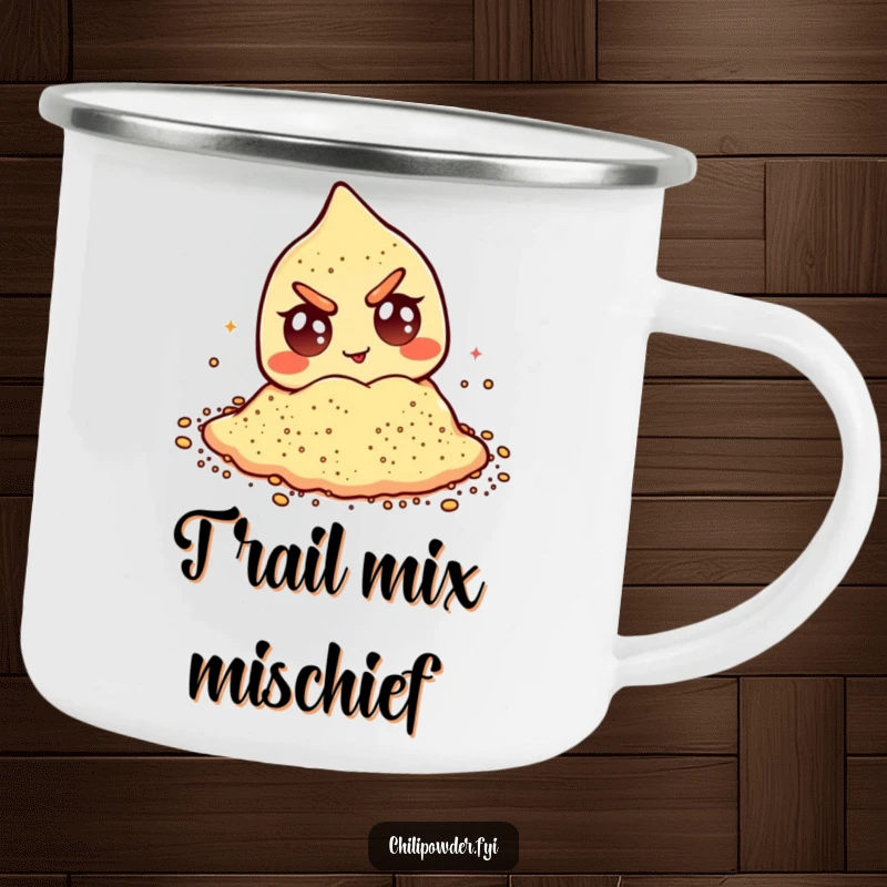 Funny chili powder camping mug with a mischievous winking face and googly eyes, ideal for outdoor enthusiasts.