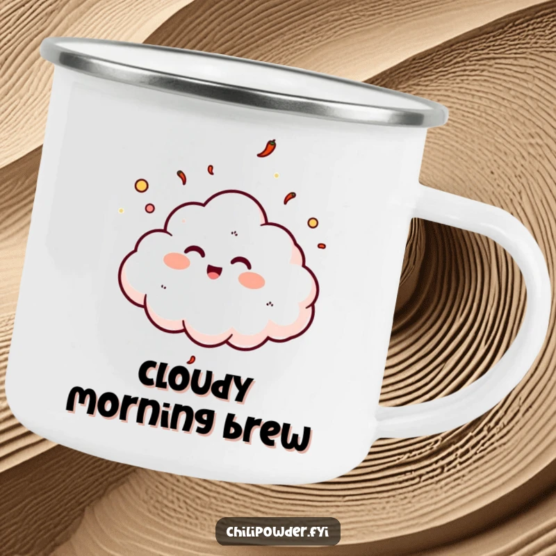 Funny chili powder cloud giggling on a camping mug, ideal for joyful outdoor adventures.