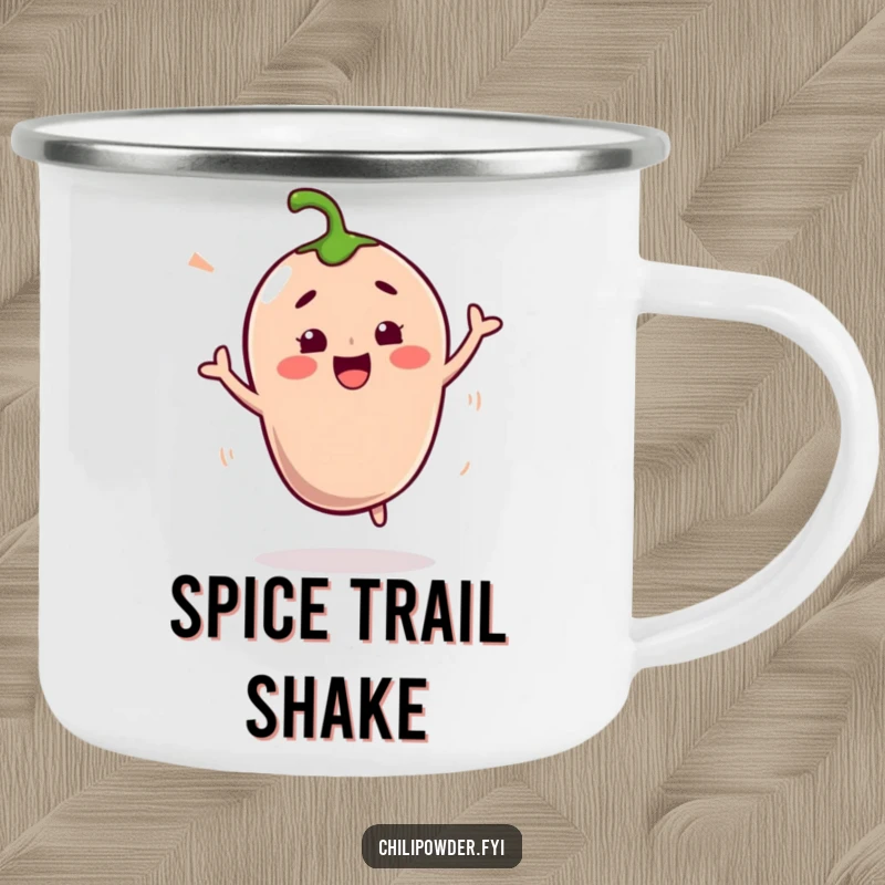 Funny Kawaii Chili Powder Camping Mug: A cute chili character doing a lively shimmy, perfect for spicy drinks in the wild.