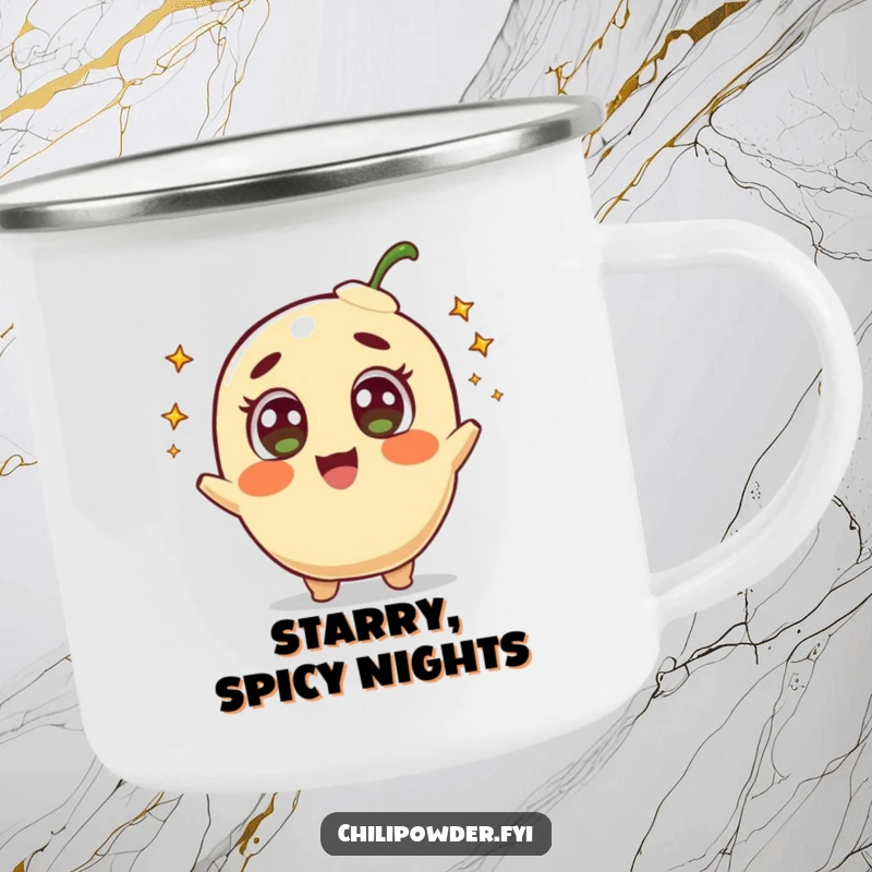Funny camping mug showing a happy chili powder character with amazed eyes, shooting tiny comets, perfect for celestial camping.
