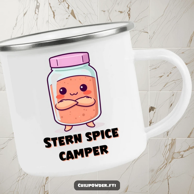 Funny Kawaii chili powder jar with crossed arms and a stern expression on a camping mug, for disciplined outdoor fun.