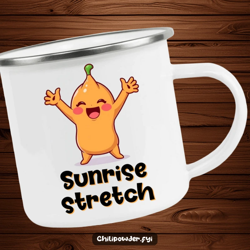 Funny Camping Mug: A cute chili powder character in an exaggerated stretch brings morning cheer to outdoor adventures.