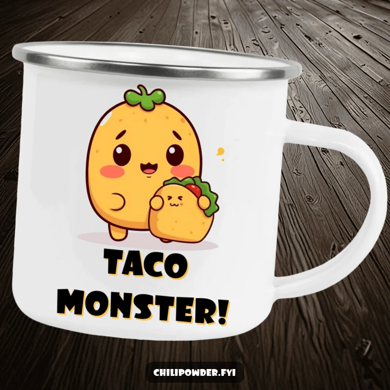 Funny Camping Mug with a surprised kawaii chili powder character looking shocked as a tiny taco sneaks up, perfect for outdoor amusement.