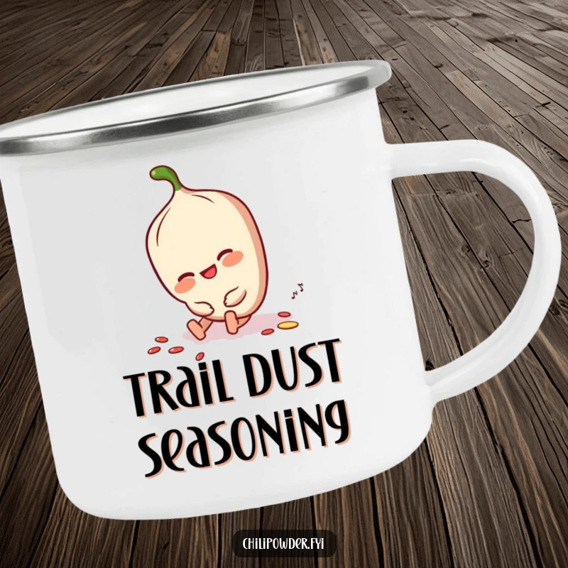 Funny chili powder character tripping but smiling, dusting itself off on a sturdy camping mug, ideal for outdoors.