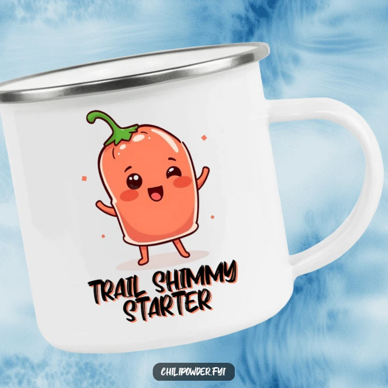 Funny Kawaii chili powder pouch doing a spirited shimmy dance, a durable and humorous camping mug.