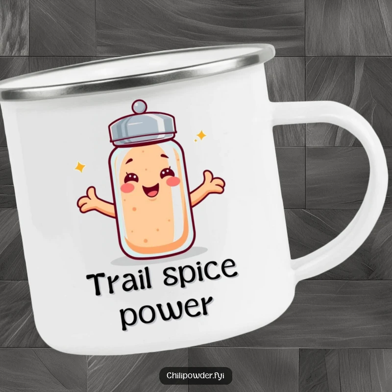 Funny kawaii chili powder shaker camping mug, smiling with arms out, perfect for hot beverages on any adventure.