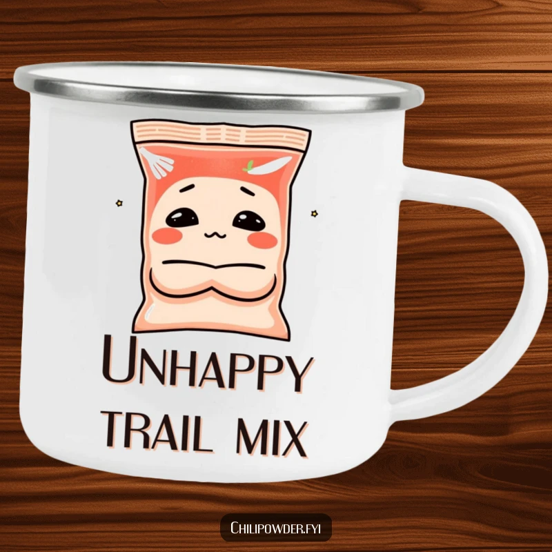 Funny chili powder camping mug featuring a spice bag character making a pouting face with crossed arms, ideal for warm drinks and humor.