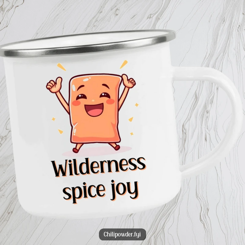 Funny chili powder pouch dances triumphantly with a grin on a durable camping mug, perfect for outdoor celebrations.