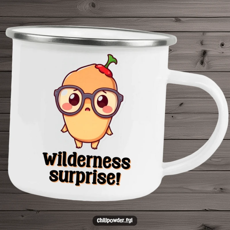 Funny Kawaii Chili Camp Mug: A surprised kawaii chili character wearing oversized glasses, ideal for humorous outdoor enjoyment.
