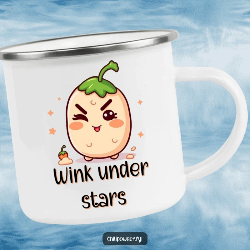 Funny kawaii chili powder winking with a mischievous grin, perfect for hot beverages during outdoor adventures with a secret.