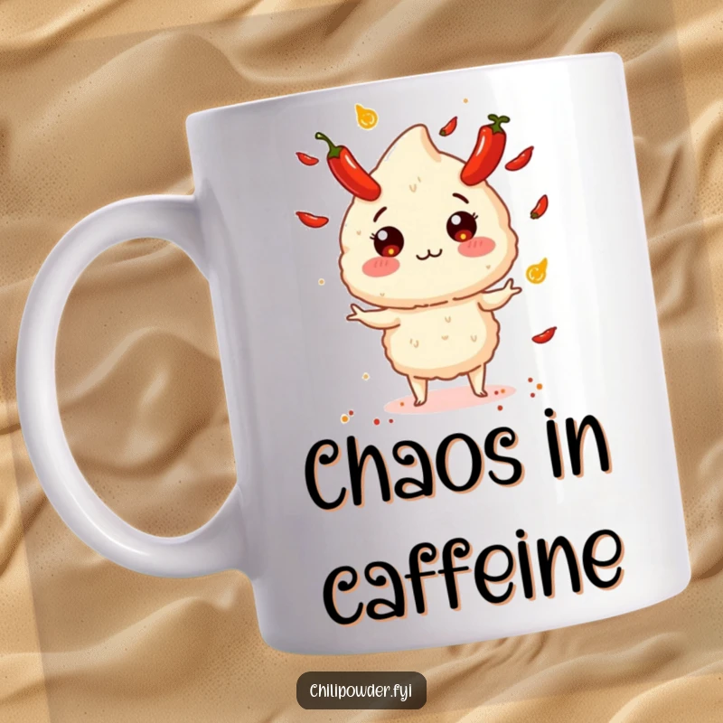 Funny chili powder puff in the act of juggling small, brightly colored exploding peppers, looking mischievous on a mug.