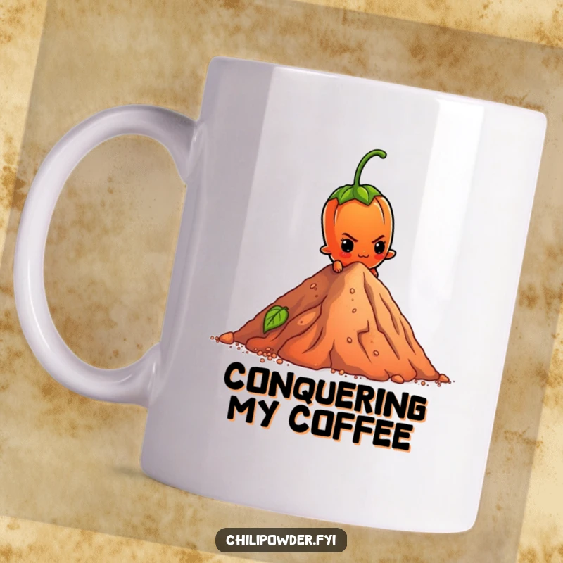 Funny Chili Powder Element Mug with a determined face, courageously scaling a tiny pepper mountain, embodying perseverance.